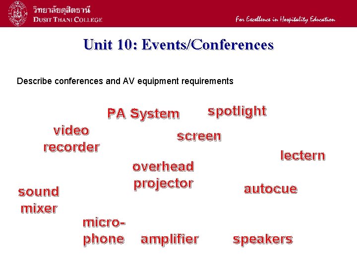 21 Unit 10: Events/Conferences Describe conferences and AV equipment requirements PA System video recorder