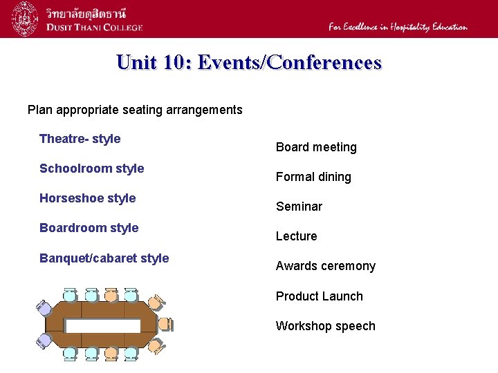 22 Unit 10: Events/Conferences Plan appropriate seating arrangements Theatre- style Schoolroom style Horseshoe style