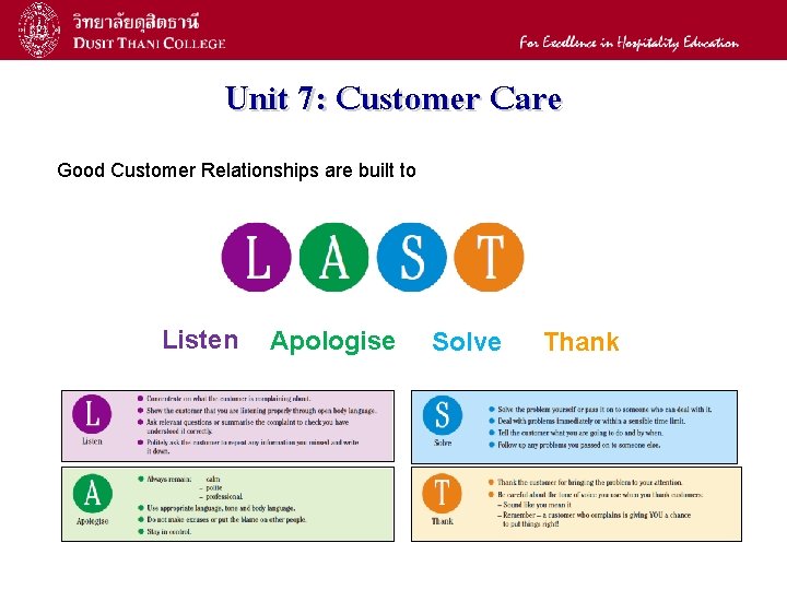7 Unit 7: Customer Care Good Customer Relationships are built to Listen Apologise Solve