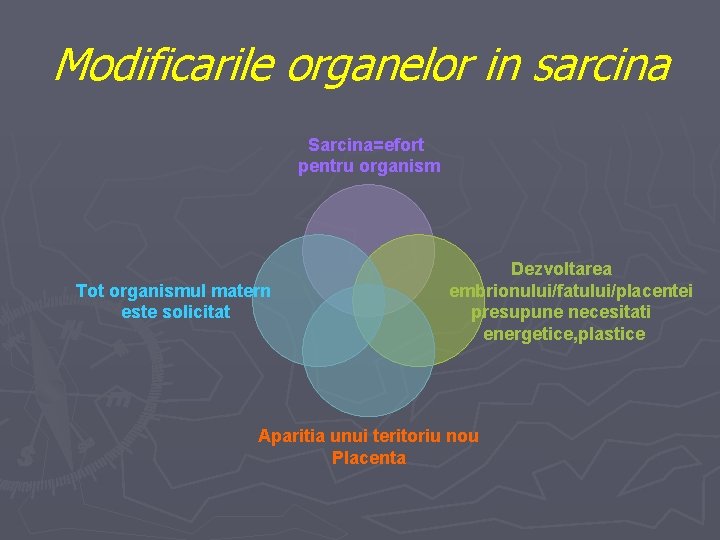 Modificarile organelor in sarcina Sarcina=efort pentru organism Tot organismul matern este solicitat Dezvoltarea embrionului/fatului/placentei