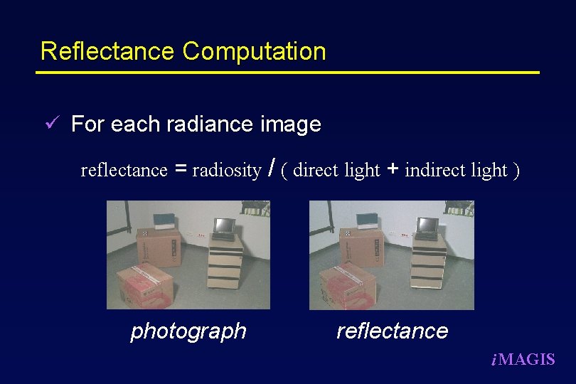 Reflectance Computation ü For each radiance image reflectance = radiosity / ( direct light