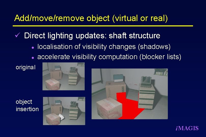 Add/move/remove object (virtual or real) ü Direct lighting updates: shaft structure l localisation of