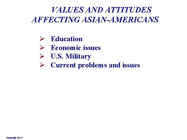 VALUES AND ATTITUDES AFFECTING ASIAN-AMERICANS Ø Ø Viewgraph #18 -19 Education Economic issues U.