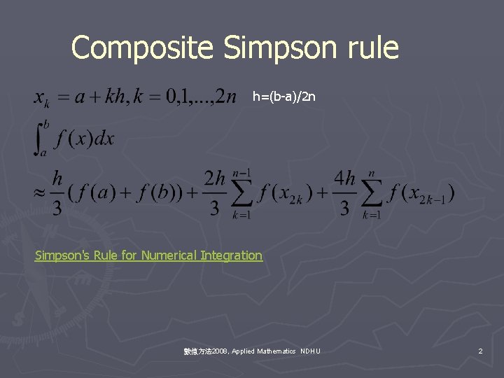 Composite Simpson rule h=(b-a)/2 n Simpson's Rule for Numerical Integration 數值方法 2008, Applied Mathematics