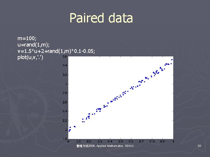 Paired data m=100; u=rand(1, m); v=1. 5*u+2+rand(1, m)*0. 1 -0. 05; plot(u, v, '.