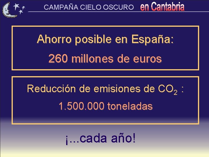 CAMPAÑA CIELO OSCURO Ahorro posible en España: 260 millones de euros Reducción de emisiones