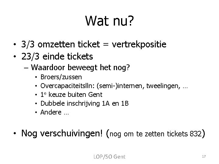 Wat nu? • 3/3 omzetten ticket = vertrekpositie • 23/3 einde tickets – Waardoor