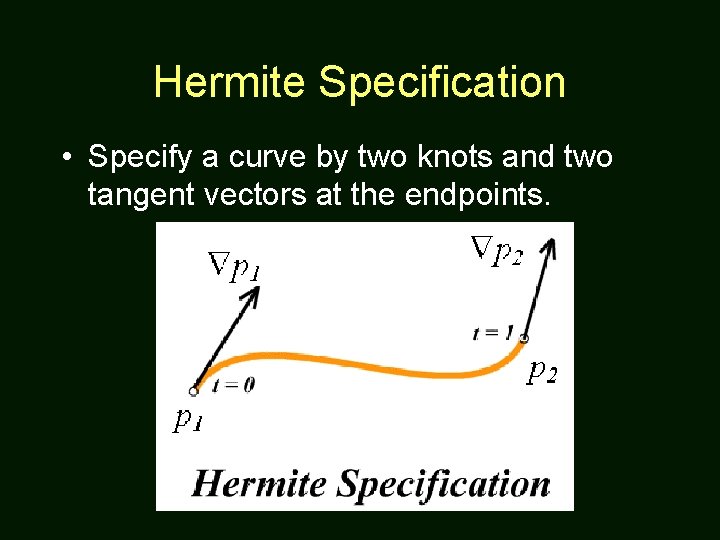 Hermite Specification • Specify a curve by two knots and two tangent vectors at