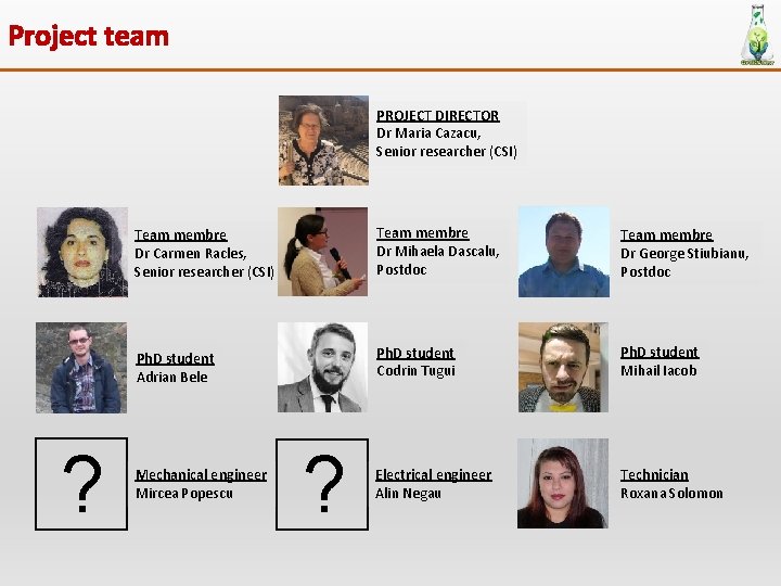 Project team PROJECT DIRECTOR Dr Maria Cazacu, Senior researcher (CSI) ? Team membre Dr