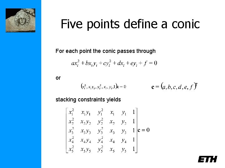 Five points define a conic For each point the conic passes through or stacking