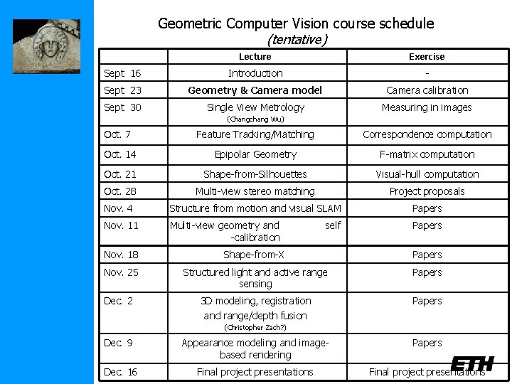 Geometric Computer Vision course schedule (tentative) Lecture Exercise Sept 16 Introduction - Sept 23