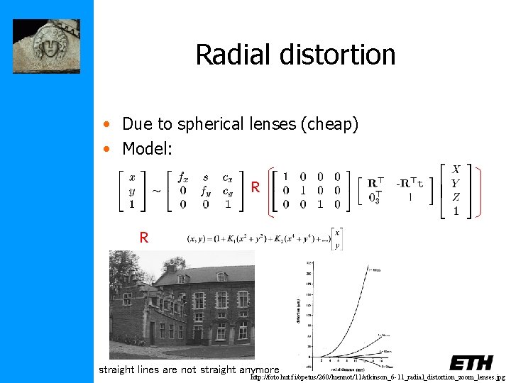 Radial distortion • Due to spherical lenses (cheap) • Model: R R straight lines