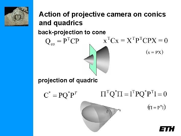 Action of projective camera on conics and quadrics back-projection to cone projection of quadric