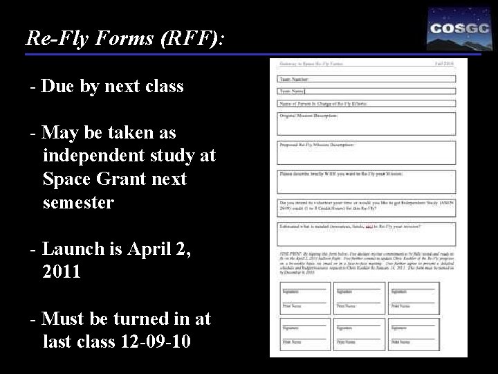 Re-Fly Forms (RFF): - Due by next class - May be taken as independent