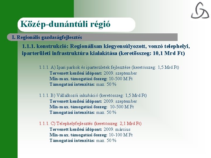 Közép-dunántúli régió I. Regionális gazdaságfejlesztés 1. 1. 1. konstrukció: Regionálisan kiegyensúlyozott, vonzó telephelyi, iparterületi