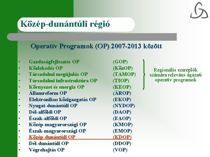 Közép-dunántúli régió Operatív Programok (OP) 2007 -2013 között • • • • Gazdaságfejlesztés OP