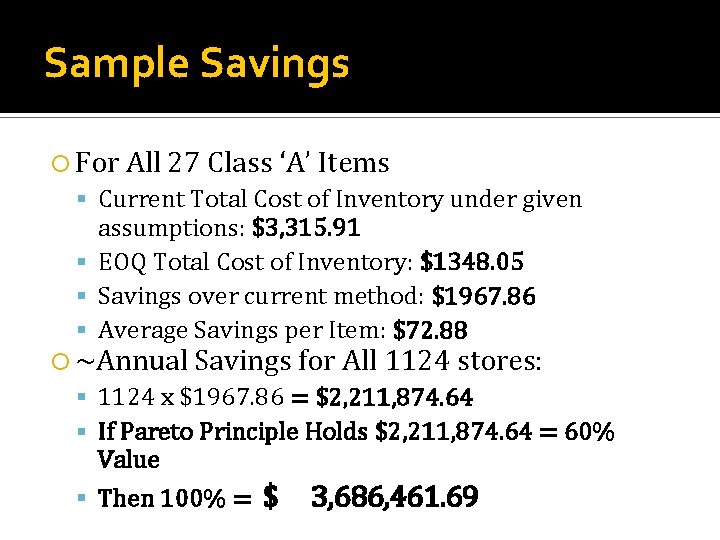 Sample Savings For All 27 Class ‘A’ Items Current Total Cost of Inventory under