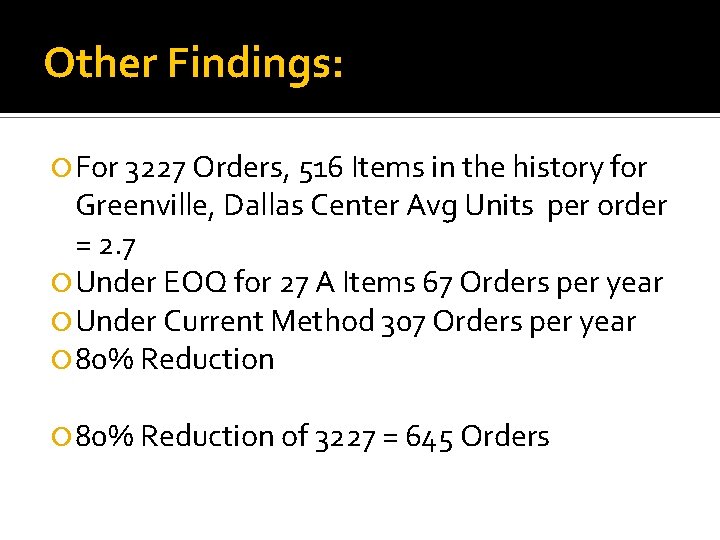 Other Findings: For 3227 Orders, 516 Items in the history for Greenville, Dallas Center