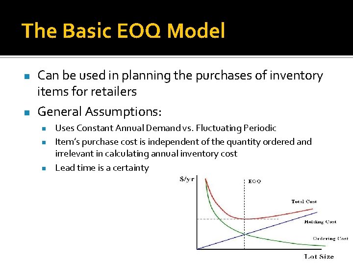 The Basic EOQ Model n n Can be used in planning the purchases of