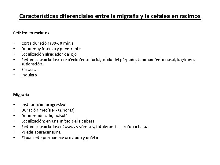 Características diferenciales entre la migraña y la cefalea en racimos Cefalea en racimos •