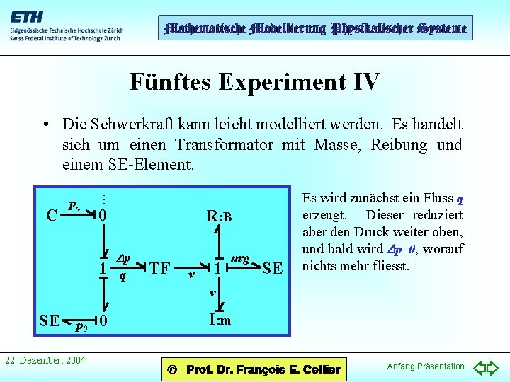 Fünftes Experiment IV C pn . . . • Die Schwerkraft kann leicht modelliert