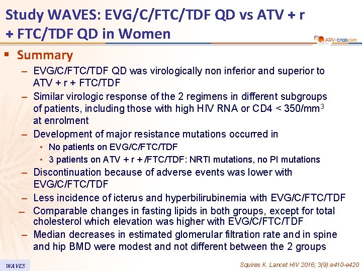 Study WAVES: EVG/C/FTC/TDF QD vs ATV + r + FTC/TDF QD in Women §