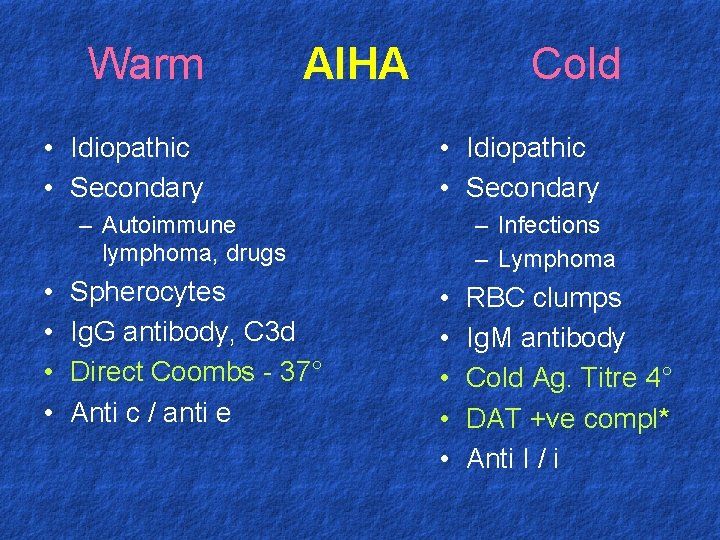 Warm AIHA • Idiopathic • Secondary Cold • Idiopathic • Secondary – Autoimmune lymphoma,