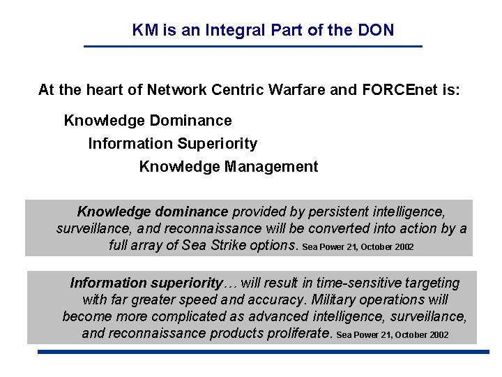 KM is an Integral Part of the DON At the heart of Network Centric