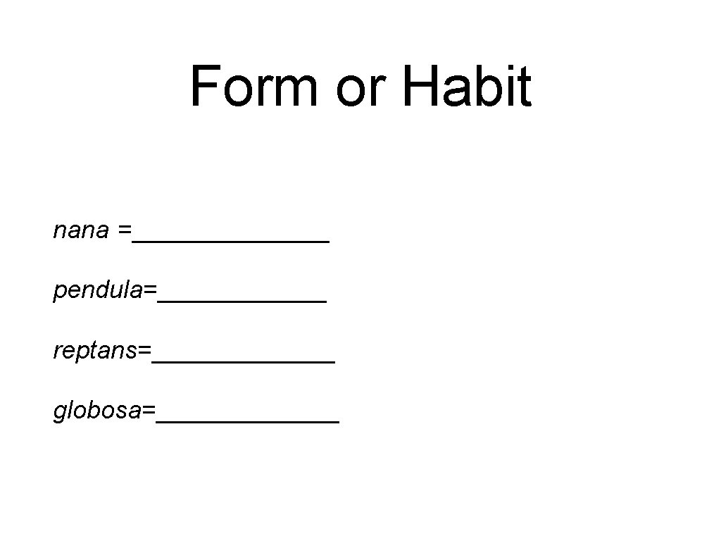 Form or Habit nana =_______ pendula=______ reptans=_______ globosa=_______ 