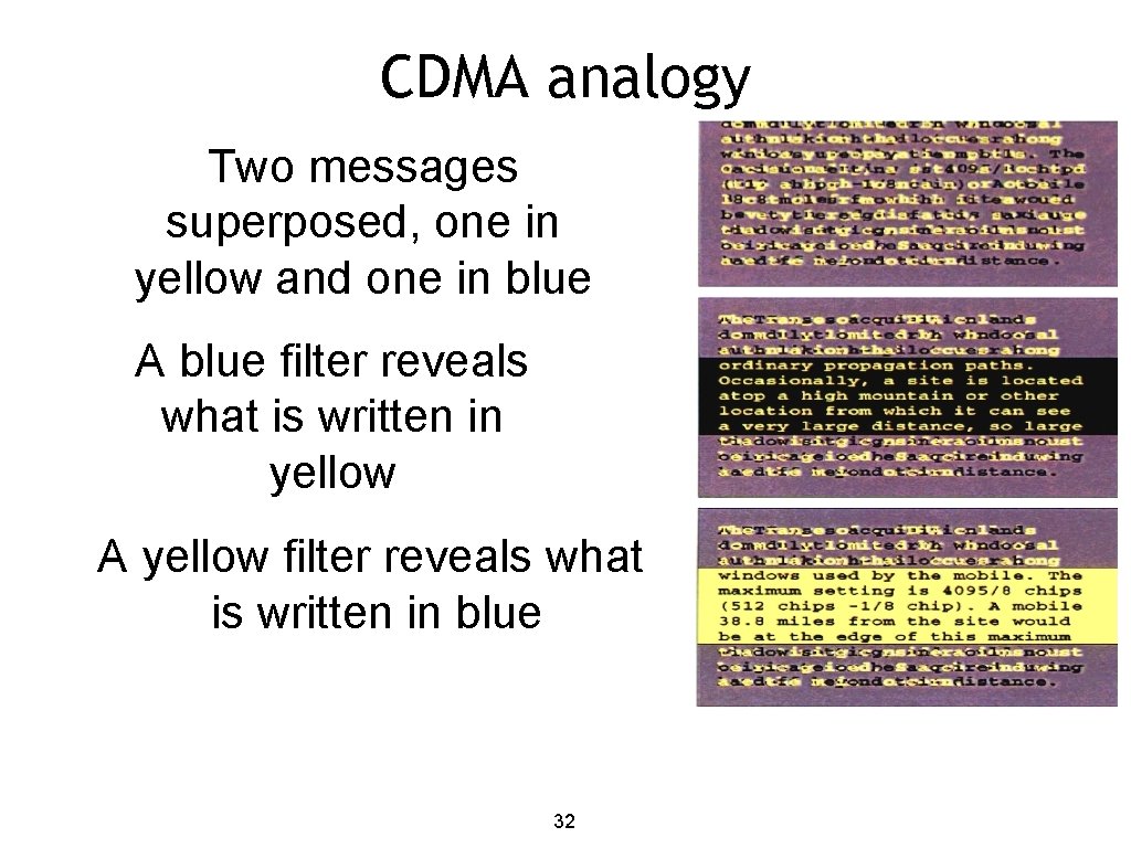 CDMA analogy Two messages superposed, one in yellow and one in blue A blue