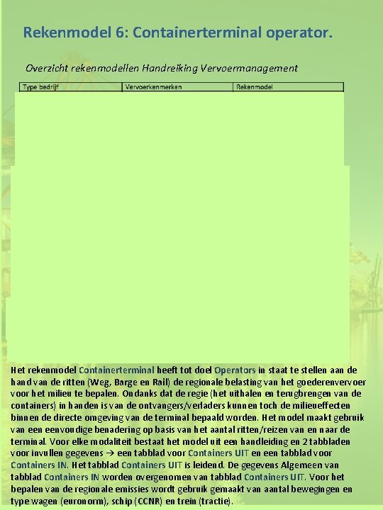 Rekenmodel 6: Containerterminal operator. Overzicht rekenmodellen Handreiking Vervoermanagement Het rekenmodel Containerterminal heeft tot doel