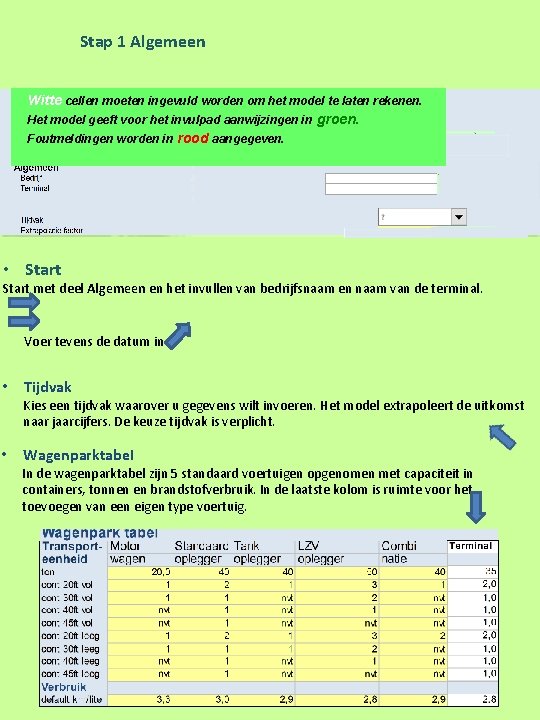 Stap 1 Algemeen Witte cellen moeten ingevuld worden om het model te laten rekenen.