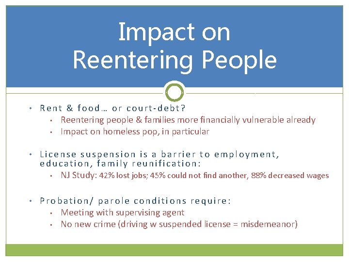 Impact on Reentering People • Rent & food… or court-debt? • • Reentering people
