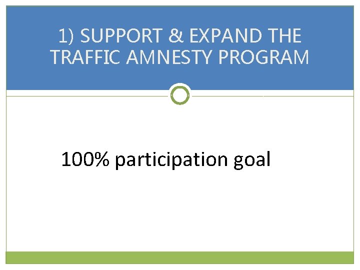 1) SUPPORT & EXPAND THE TRAFFIC AMNESTY PROGRAM 100% participation goal 