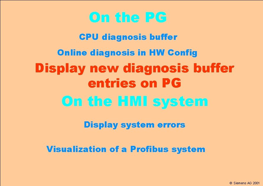 On the PG CPU diagnosis buffer Online diagnosis in HW Config Display new diagnosis