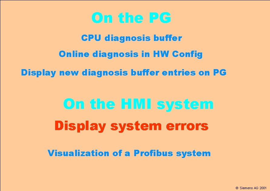 On the PG CPU diagnosis buffer Online diagnosis in HW Config Display new diagnosis