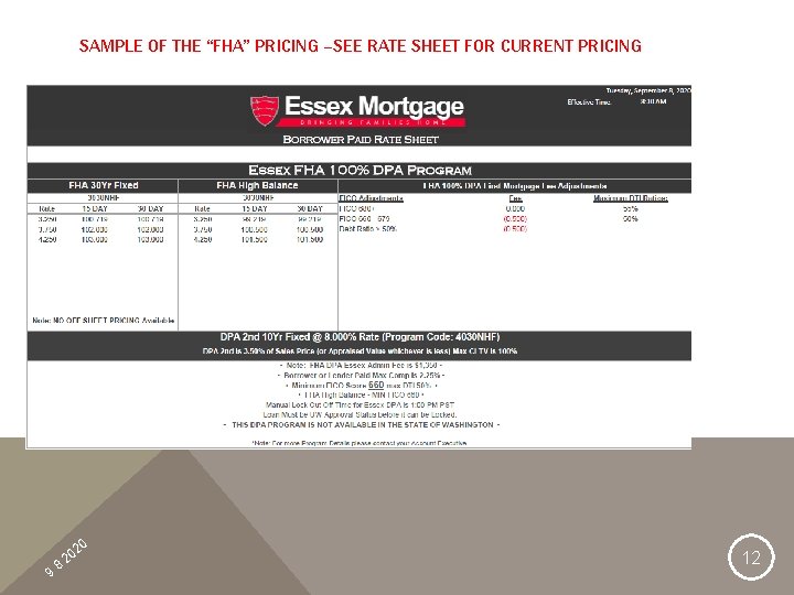 SAMPLE OF THE “FHA” PRICING –SEE RATE SHEET FOR CURRENT PRICING 9 8 20