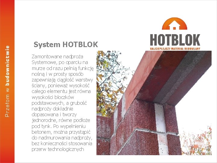 System HOTBLOK Zamontowane nadproża Systemowe, po oparciu na murze od razu pełnią funkcję nośną