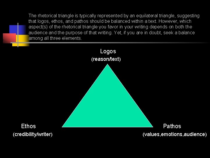 The rhetorical triangle is typically represented by an equilateral triangle, suggesting that logos, ethos,