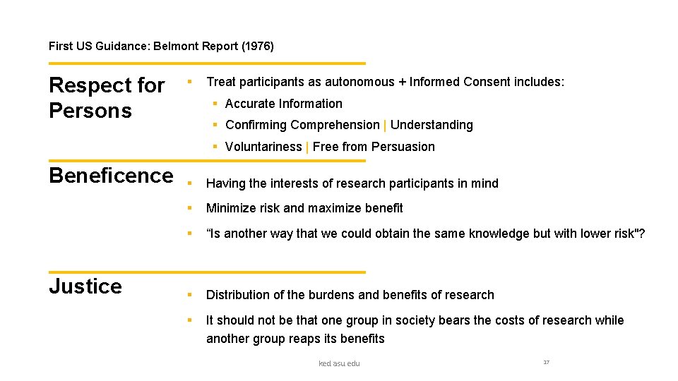 First US Guidance: Belmont Report (1976) Respect for Persons § Treat participants as autonomous