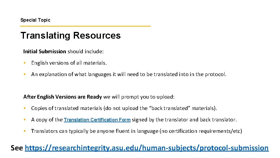 Special Topic Translating Resources Initial Submission should include: § English versions of all materials.
