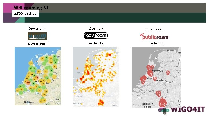 Wifi-roaming NL 2. 500 locaties Onderwijs Overheid 1. 500 locaties 800 locaties Publiekswifi 225