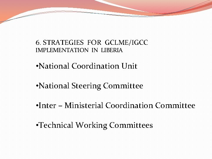 6. STRATEGIES FOR GCLME/IGCC IMPLEMENTATION IN LIBERIA • National Coordination Unit • National Steering