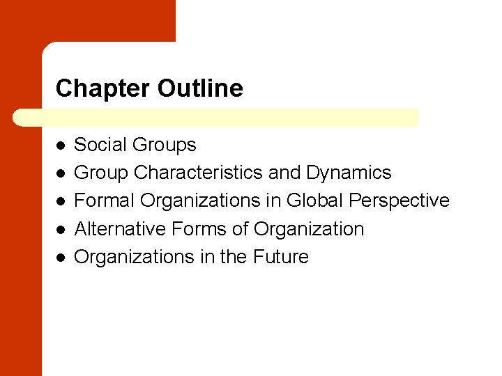 Chapter Outline l l l Social Groups Group Characteristics and Dynamics Formal Organizations in