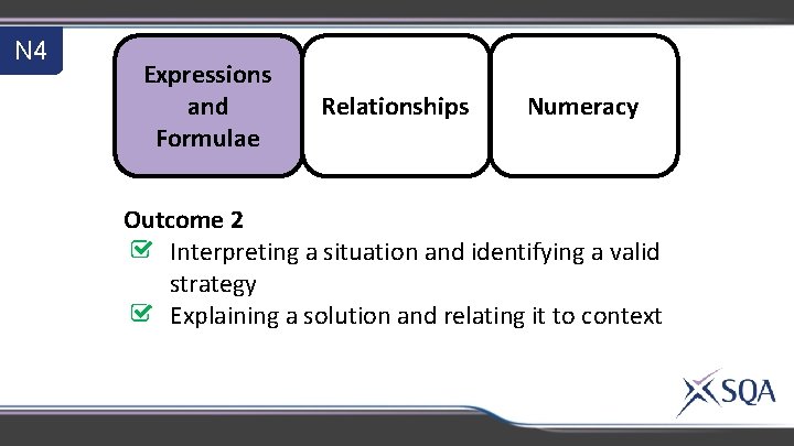 N 4 Expressions and Formulae Relationships Numeracy Outcome 2 Interpreting a situation and identifying