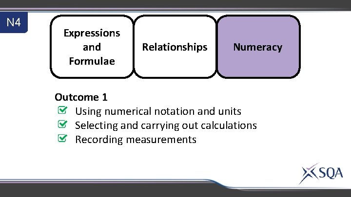 N 4 Expressions and Formulae Relationships Numeracy Outcome 1 Using numerical notation and units