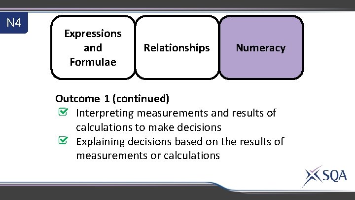N 4 Expressions and Formulae Relationships Numeracy Outcome 1 (continued) Interpreting measurements and results