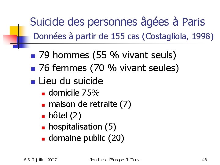 Suicide des personnes âgées à Paris Données à partir de 155 cas (Costagliola, 1998)