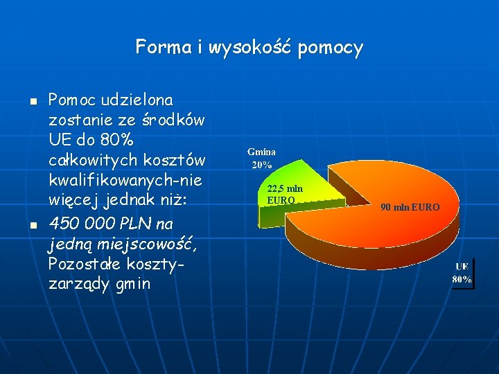 Forma i wysokość pomocy n n Pomoc udzielona zostanie ze środków UE do 80%