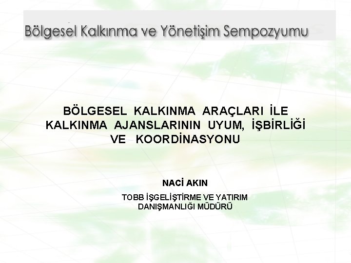 BÖLGESEL KALKINMA ARAÇLARI İLE KALKINMA AJANSLARININ UYUM, İŞBİRLİĞİ VE KOORDİNASYONU NACİ AKIN TOBB İŞGELİŞTİRME